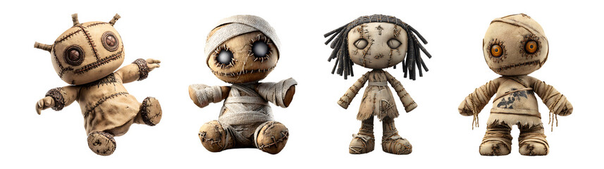 Set of cute voodoo dolls in mummy style for Halloween, isolated on transparent background.