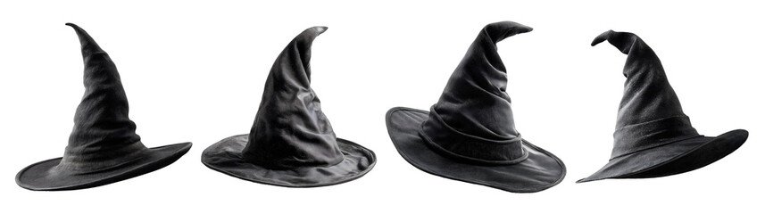 Set of plain witch hats in black color tone for Halloween, isolated on transparent background.