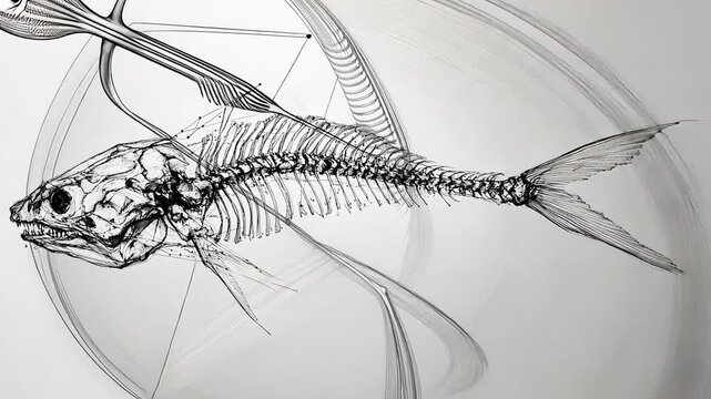 Detailed sketch of a fish skeleton with fins