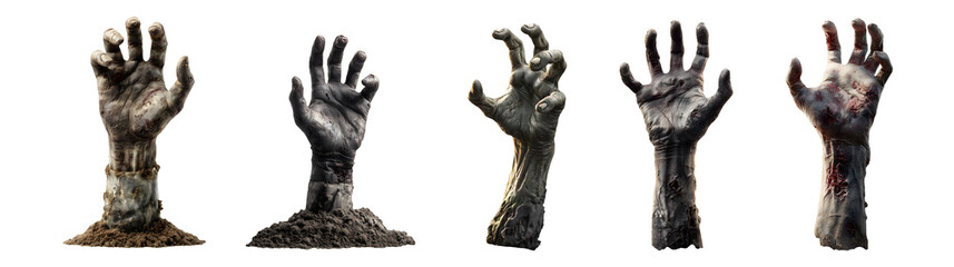 Set of scary zombie hand rising up for Halloween, isolated on transparent background.