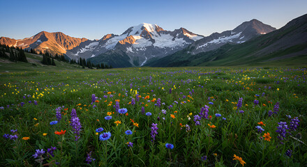Mount Shuksan amidst a vibrant meadow, bathed in morning sunlight and scenic views