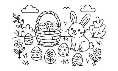 Easter coloring page with bunny, basket, and decorative eggs in nature scene