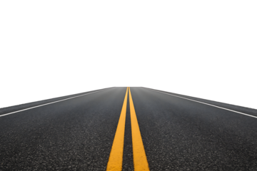 A minimalist concept image of a clean asphalt road with lane markings, perfectly isolated on white, creating ample copy space for text and design elements