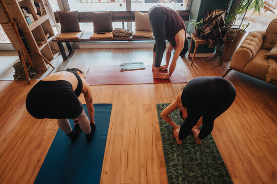 Individuals engage in a group yoga session, practicing forward folds on mats in a warm, well-lit interior featuring wooden floors, seated furnishings, and decorative materials enhancing the ambiance.