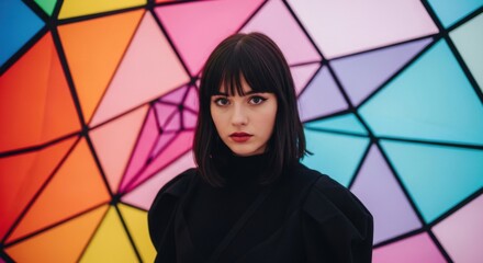 Vibrant Geometric Background Portrait of a Young Woman with Dark Hair