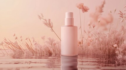 pink bottle of facial cream mockup on pastel pink colour