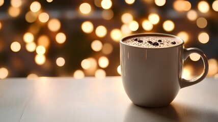 cup of coffee on table against defocused lights, closeup.