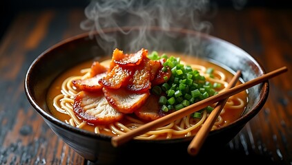 Steaming Bowl of Savory Noodle Soup Topped With Slices of Tender Pork and Fresh Green Onions