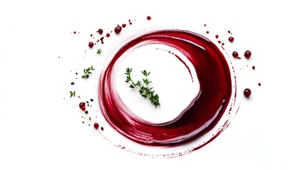 red wine reduction brushed in a curve with a sprig of thyme, gourmet plating design, isolated on white background.  
