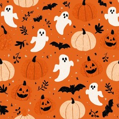 Seamless Halloween Vector Pattern: Seamless orange background with pumpkins, ghosts and bats in a flat style