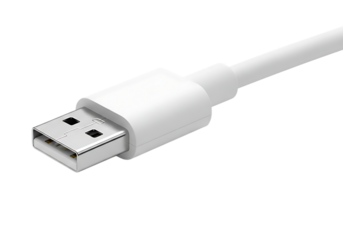 Close-up of a white USB-A cable connector, minimalist design, clean technology aesthetic  transparent background