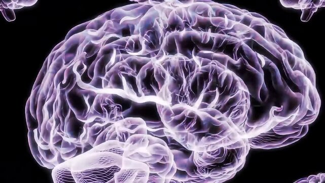 Luminous purple brain renderings hover against a stark black backdrop with detailed textures