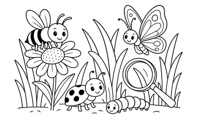 Cute outline insects in a garden scene with a magnifying glass