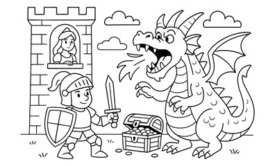 Brave knight battles dragon in enchanted castle scene with treasure and princess