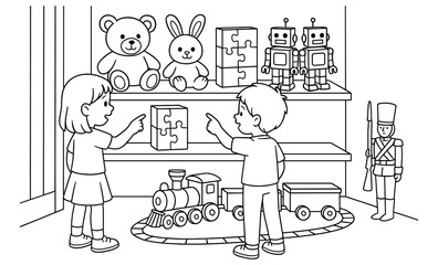 Obraz premium Children exploring toy store: bears, robots, and puzzles in a playful scene
