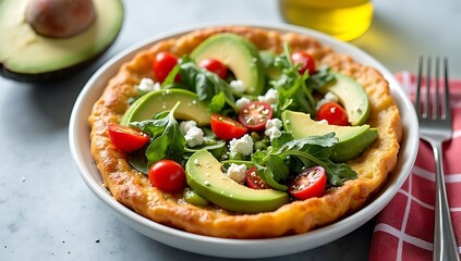 Savory Dutch Baby Pancake Topped With Fresh Avocado Cherry Tomatoes Arugula And Feta Cheese For A Delicious Breakfast Meal