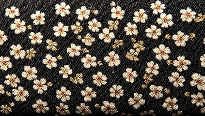 Small, detailed flowers in white and gold on black fabric.