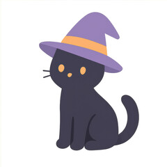 Cute black cat wearing a purple witch hat.
