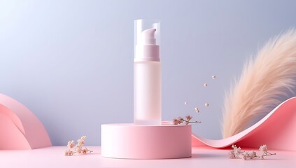 Elegant minimalist skincare product presentation with soft flowing fabrics and delicate floral accents creating a serene and luxurious atmosphere for beauty advertising campaigns