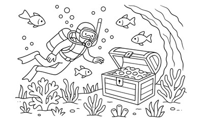 Obraz premium Diver exploring underwater treasure chest with fish in ocean scene