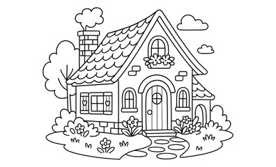 Charming cottage with garden in black and white outline for coloring