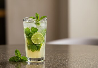 A refreshing mojito with mint leaves and lime slice in a tall glass on a countertop surface