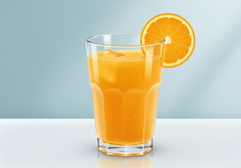A refreshing glass of orange juice with ice and a slice of orange against a light blue background