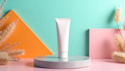 A white cosmetic tube stands on a concrete pedestal in front of abstract geometric shapes and dried foliage creating a stylish minimalist product display