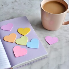 Heart shaped sticky notes on a notebook with coffee isolated on white background