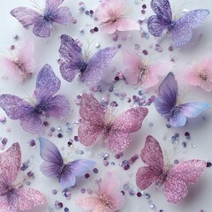 Sparkling lavender and pink butterflies scattered on white background isolated on white background