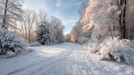 Obraz premium A snow covered road with trees in the background