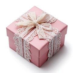 Elegant pink gift box with lace ribbon isolated on white background