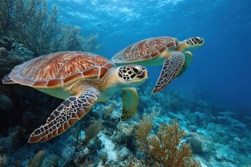 Sea turtles swimming near coral reef