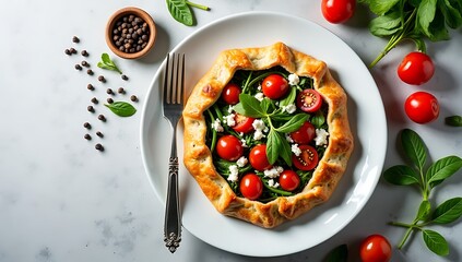 Delicious Savory Galette Filled with Fresh Greens and Juicy Cherry Tomatoes Topped with Crumbled Cheese and a Side of Whole Peppercorns