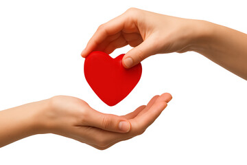 Concept of giving and receiving love, featuring two hands carefully cradling a bright red heart shape for Valentine's Day, charity, or cardiology concepts