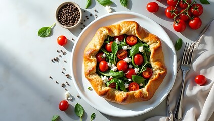 Deliciously Rustic Galette Featuring Fresh Cherry Tomatoes Spinach and Crumbled Feta Cheese A Perfect Appetizer or Light Meal Option