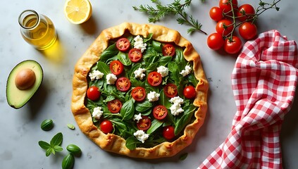 Delicious Rustic Tart Topped With Fresh Greens Cherry Tomatoes and Creamy Cheese Perfect for a Light Meal or Appetizer