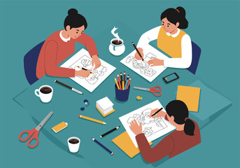 Three women are sitting around a table drawing on papers with pencils and pens, with coffee cups, scissors, and other art supplies nearby.