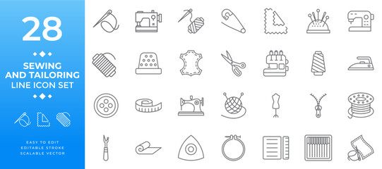 A line icon set for sewing and tailoring with editable stroke style, perfect for needlework, fashion design, clothing creation, textile industry, craft, hobby, and creative projects