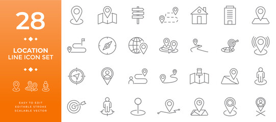 Location line icon set featuring map pins, navigation routes, compass, globe, target, and human shapes, ideal for apps, web design, and digital projects with editable stroke graphics