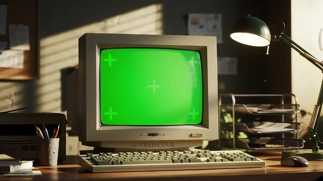 Vintage computer setup with a green screen monitor and desk lamp in warm lighting