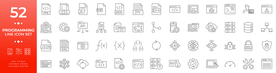 Programming and coding line icon set with editable stroke, including web development, software engineering, API, database, server, cybersecurity, and data science symbols for applications