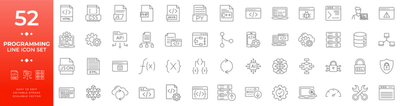 Programming and coding line icon set with editable stroke, including web development, software engineering, API, database, server, cybersecurity, and data science symbols for applications