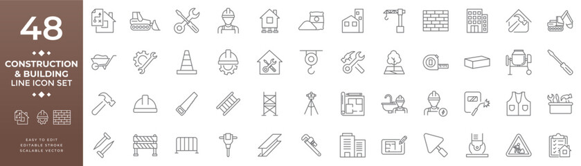 Construction and building line icon set featuring tools, machinery, workers, construction sites, architectural plans, and materials used in engineering, drafting, and design projects