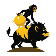 Silhouette of Ape Riding Golden Piggy Bank Vector Illustration for Wealth, Savings, Investment, Financial Growth, Money Management, and Business Success Concepts