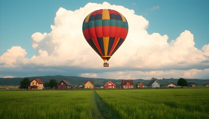 Obraz premium A colorful hot air balloon drifts above lush green meadows and traditional countryside houses under a dramatic cloudy sky, captured in hyper-realistic 8K with cinematic lighting and intricate details