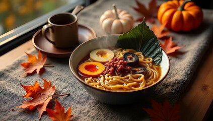 Steaming Bowl of Savory Ramen Noodles With Soft Boiled Egg and Autumnal Decorations Offering Comforting Warmth