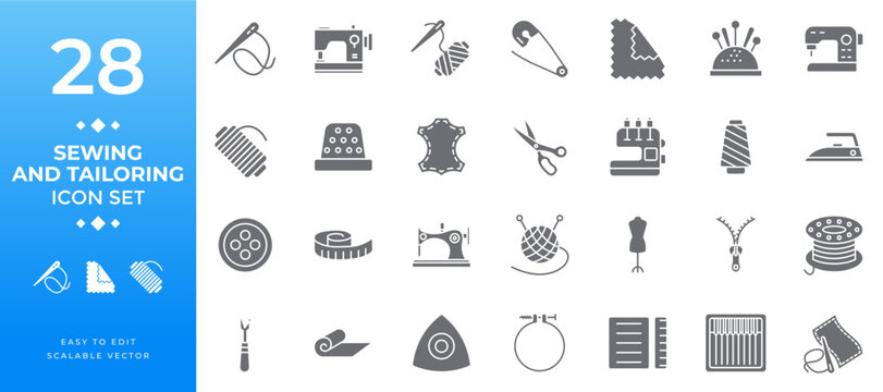 A solid glyph icon set representing sewing and tailoring tools, ideal for needlework, fashion design, clothing creation, textile crafts, creative projects, and hobby-related illustrations