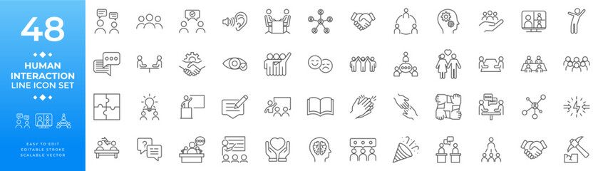 Line icon set illustrating human interaction concepts including communication, teamwork, collaboration, empathy, relationships, leadership, and support for apps, websites, and presentation use