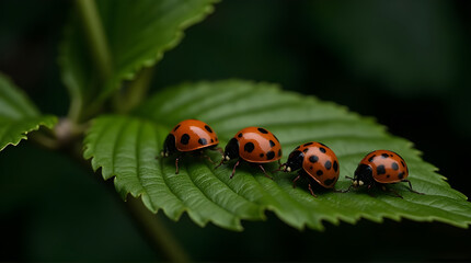Fototapeta premium Four ladybugs sitting on a green leaf in a close up detailed shot
